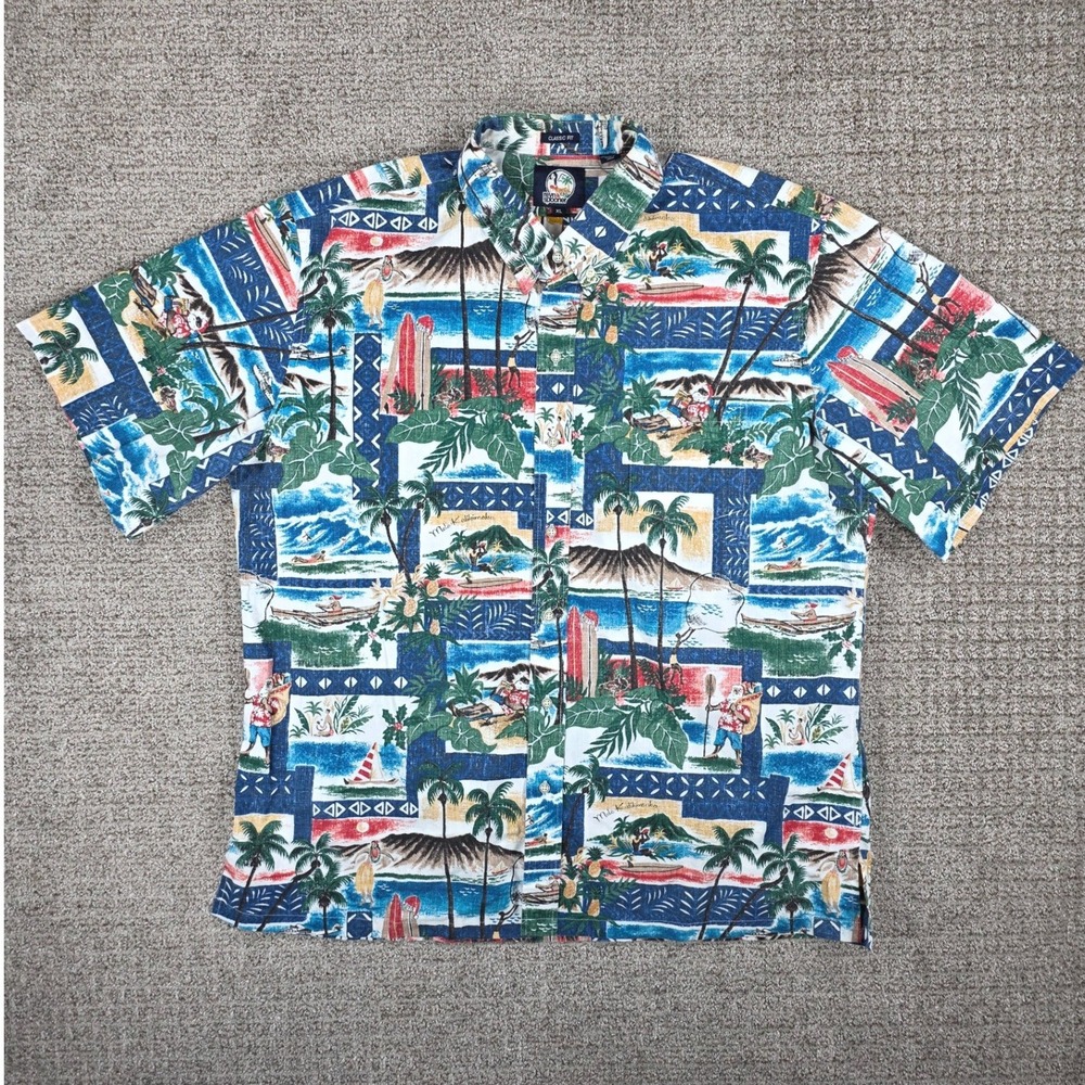 Reyn Spooner Mele Kalikimaka Christmas Hawaiian Shirt Mens XL Blue Classic Santa